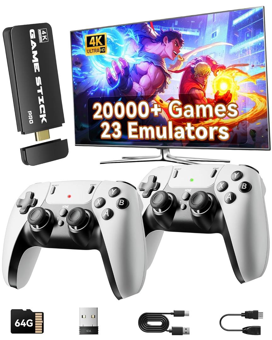 Retro Gaming Console, 20,000+ Retro Game Stick, 4K HD HDMI TV Game Stick, Built-in Classic Video Games 23 Emulators Plug & Play Game Console for TV with 2 Wireless Controllers