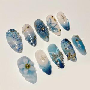 30Pcs Handmade Blue Press on Nails with Medium Almond Fake Nails with Gold Beads Charms Rhinestones Designs 3D Butterfly Flower Star Pearl Pattern Full Cover French Nail Tip Glue on Nails for Women