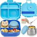 Bento Lunch Box with Thermo, 4-Compartment Bento Box with Adjustable Dividers, Leakproof Dinosaur Lunch Box with 14.2OZ Insulated Food Jar & Sauce Jar, for School Office Travel (Blue)