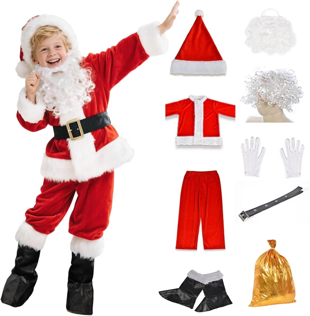 Kids Santa Costume 9PCS Velvet Boys Santa Suit Santa Claus Costume for Child Christmas Costume for Kids Toddler Santa Outfit (Large)