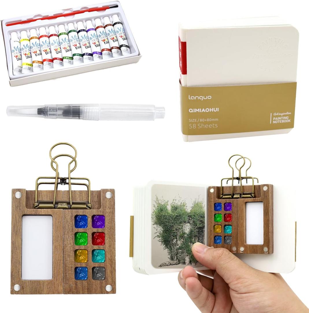 Mini Portable Watercolor Palette Set, zxbaers Wooden Grid Paint Box with Colours, Binder Clips, Watercolor Pens, Pocket Watercolor Set for Painters Students Artists