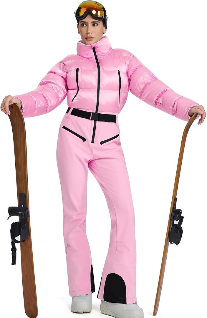 WOWULOVELY Women Snowsuit Slim One Piece Jumpsuit Winter Onesies Ski Suit Outdoor Sports Waterproof Windproof Collar Coat (X-Large, Pink)