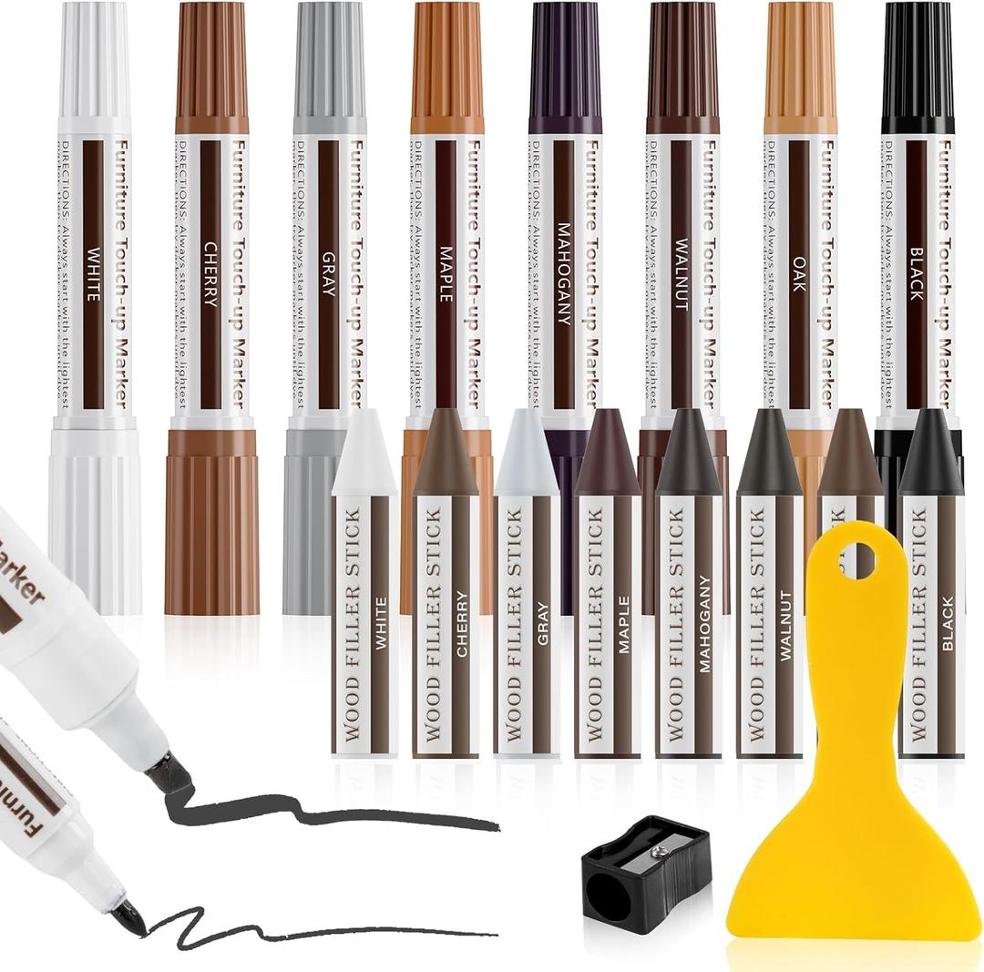 DEWEL Dual-Tipped Furniture Markers Touch Up, Upgrade 17 Pcs Wood Furniture Repair Kit, Wood Touch Up Markers and Wax Sticks with Repair Tools, Easily Repair Wood Floor Scratches, Wood Stain and Dents