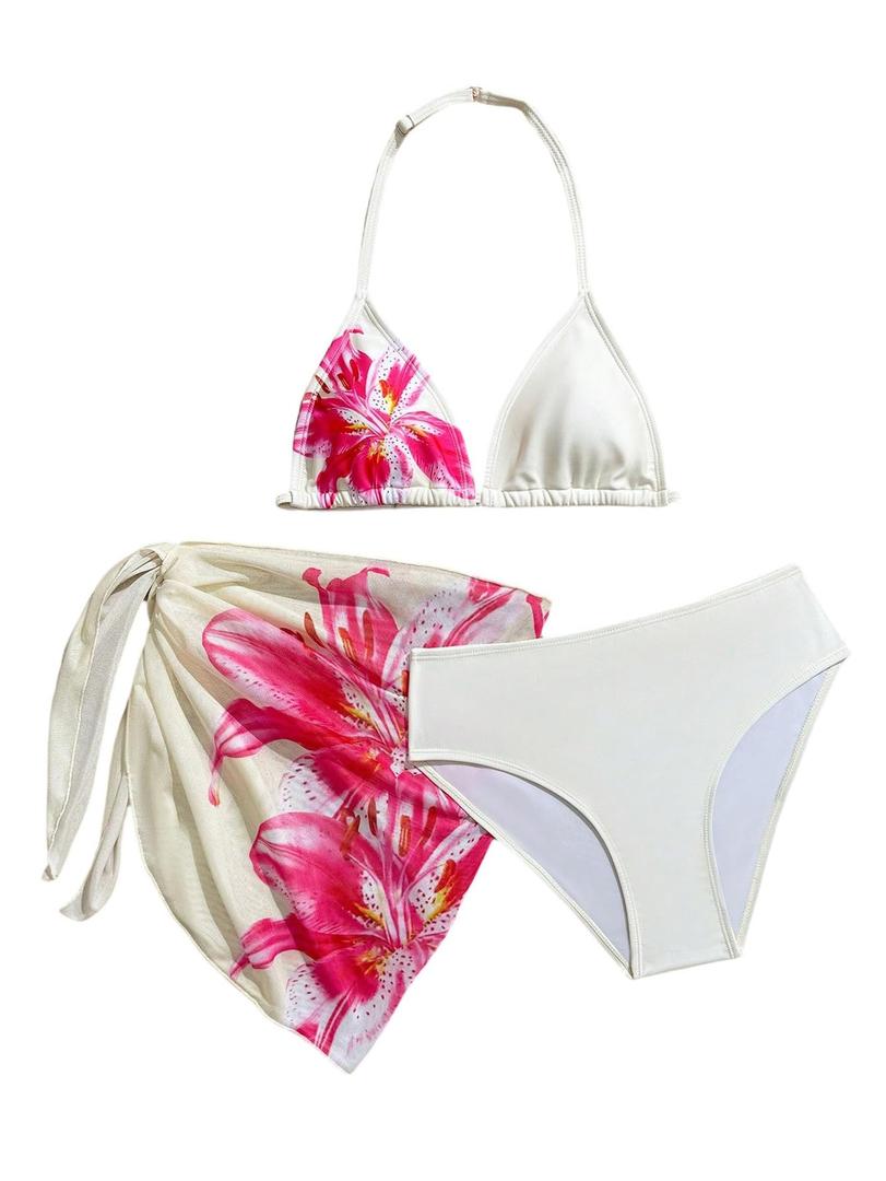 RoseSeek Girl's 3 Piece Floral Swimsuit Halter Triangle Bikini with Skirt (Pink)