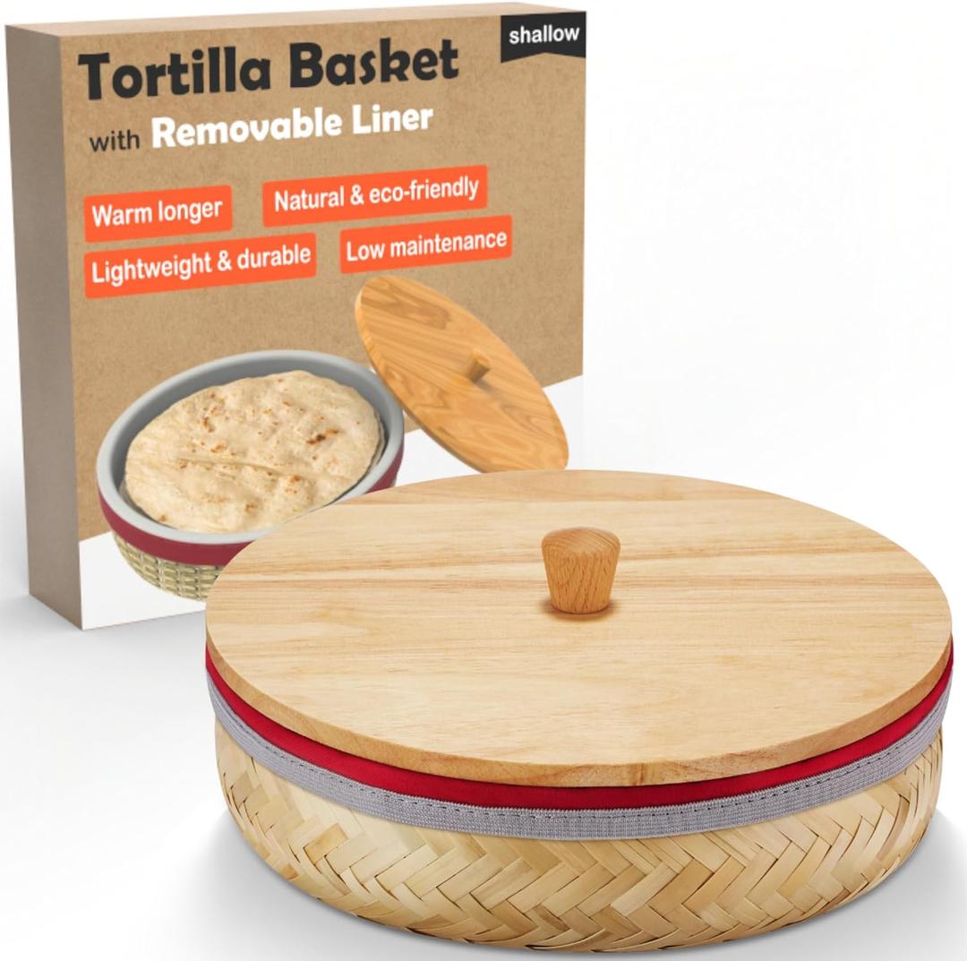 Tortilla Warmer Basket w Removable Insulation Liner, 9.4'' Large Bamboo Tortillas Holder w Wooden Lid - Cotton Warmer Pouch Microwavable, Lightweight & Durable Tortillero For Bread Roti - Shallow (Short)