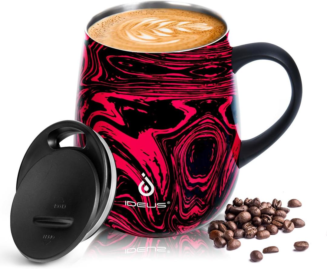 Ideus 16 oz (470 ml) Insulated Coffee Mug with Handle and Lid, Double Wall Stainless Steel Vacuum Thermal Coffee Mug, Travel Coffee Cup Thermal Cup for Home and Office (Red Zebra)