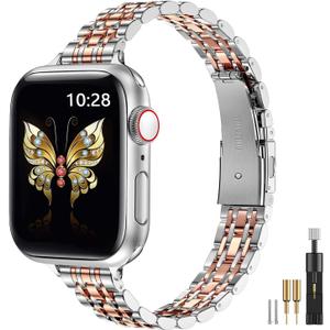 MioHHR Slim Metal Band Compatible with Apple Watch Band 42mm(Series 10) 41mm 40mm 38mm,Dressy Stainless Steel Chain Strap for Women iWatch Bands Series 9 8 7 6 5 4 3 2 1 SE,Silver/Rose Gold
