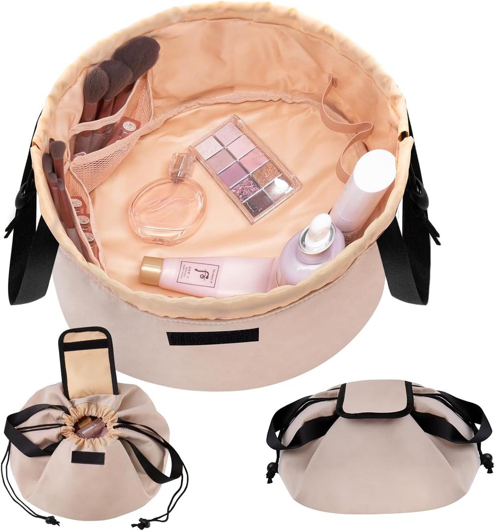 Lay Flat Open Barrel Drawstring Makeup Bag,Large Travel Makeup Bag,Portable Cosmetic Bag Travel Bags Toiletry Bags for Travel Toiletries Accessories Essentials(Khaki)