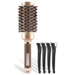 Small Round Brush with Boar Bristle, Thermal Ceramic & Ionic Roller Hair Brush for Blow Drying, Curling&Straightening, Heat Styling + 4 Sectioning Hair Clips (Barrel 1 Inch)