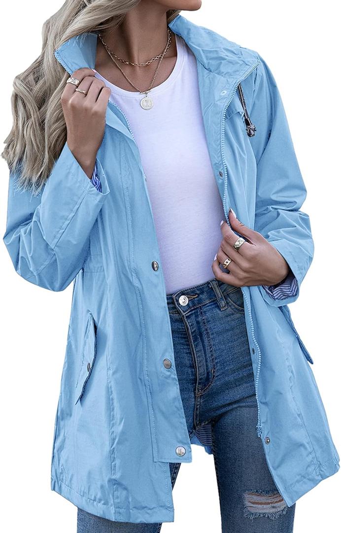 Rain Jacket Women Striped Lined Hooded Lightweight Raincoat Outdoor Waterproof Windbreaker (Large, Sky Blue)