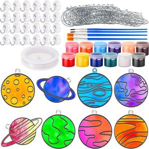 Cholemy 24 Sets Planet Sun Catcher Kit Include Suncatcher Craft with Paints Suction Cups Fishing Thread, Planet DIY Window Art Kit Paintable Suncatchers Decorations for Gifts