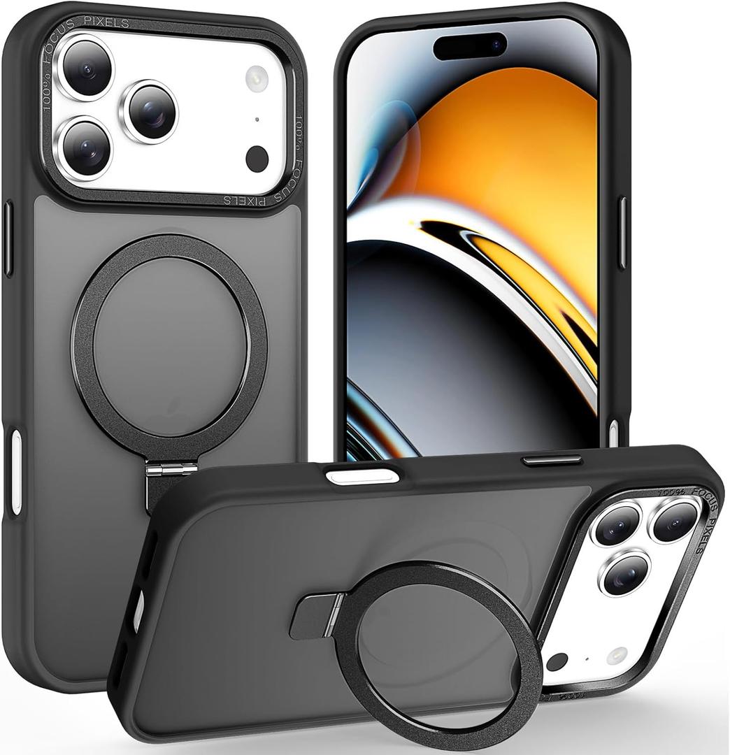 Magnetic for iPhone 17 Pro Case with Ring Stand, [10 FT Drop Protection] [Velvety Touch] Slim Translucent Matte Back Shockproof Phone Case for iPhone 17 Pro 6.3'', Space Black