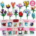 24Pcs Valentine's Day Gifts Party Favor Valentines Small Flower with Valentine Greeting Cards Bouquet Building Blocks Toys for Boys Girls Gifts School Exchange Prize Party Favors