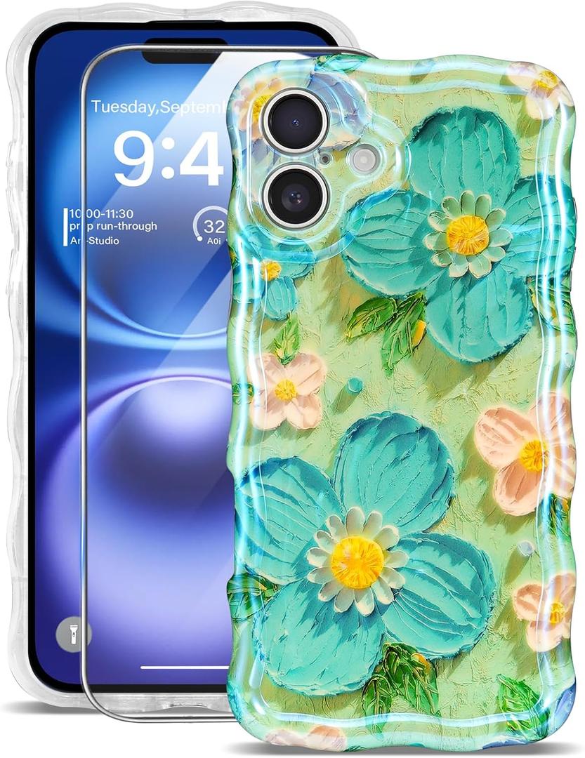 for iPhone 16 Case [with 9H Screen Protectors] Wave Bumper Colorful Oil Painting Flowers Print Blue Glossy Soft TPU Phone Case Cover for Girls Women,Blue Daisy