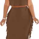 LYANER Women's 2 Piece Outfits Crew Neck Fringe Short Sleeve Crop Top and Tassel Trim Bodycon Midi Skirt Set, Medium, Brown