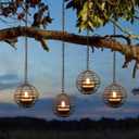 Solar Hanging Lanterns Outdoor Waterproof, Rust Iron Ball Candle Holder with Flickering Solar Powered Tea Lights, Perfect Chargeable Solar Lights for Backyard Patio Garden Fence Tree Decoration-4Pack