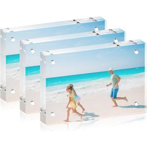 5x7 Acrylic Picture Frame Set of 3, 20mm Thick, Double-Sided Transparent Magnetic Frameless Photo Frame, Desktop Freestanding Display for Office or Home Decor