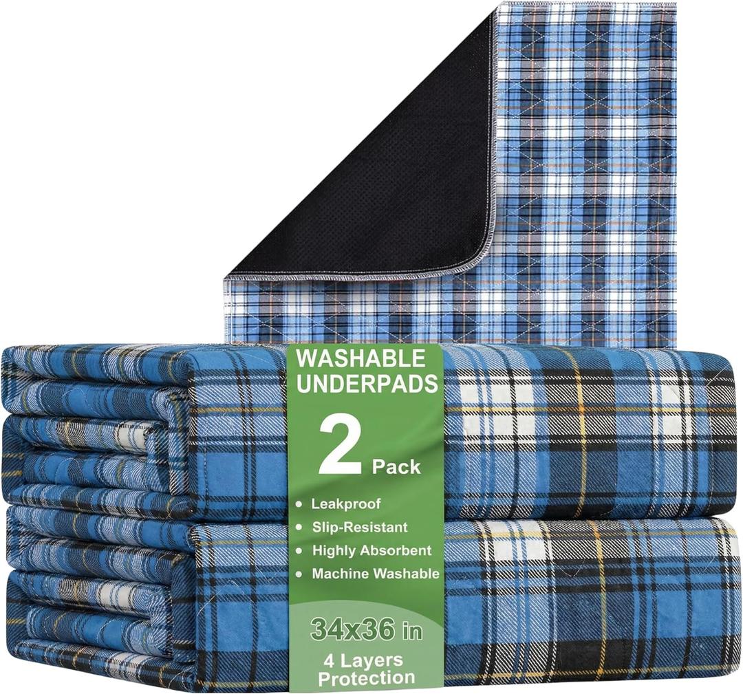 Bed Pads Washable Waterproof, Incontinence Bed Pads for Women and Men, Reusable Mattress Protector Underpads, Non-Slip, 36" x 34", Blue Plaid, 2 Pack