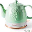 Toptier Electric Ceramic Tea Kettle, Boil Water Quickly and Easily, Detachable Swivel Base & Boil Dry Protection, Carefree Auto Shut Off, 1 L, Green Leaf (1 LITER, Light Green)