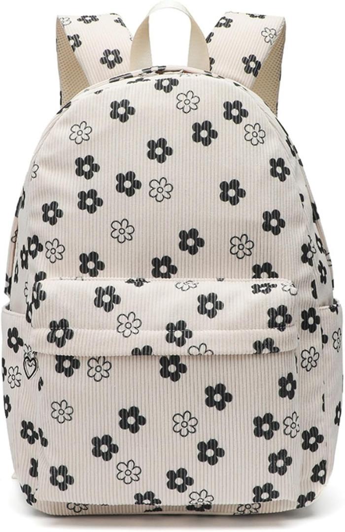 Kawaii Corduroy Backpack for Women Cute Floral Print Aesthetic Travel Book Bag Coquette Preppy College Laptop Daypack (Black Flower)