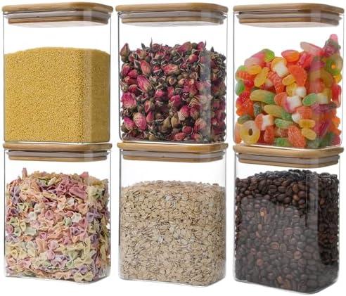 Liuruiyu Glass Storage Jars 12 * 8cm [Set of 3],Clear Glass Food Storage Containers with Airtight Bamboo Lid Stackable Kitchen Canisters for Candy,Cookie,Rice,Sugar,Flour,Pasta(Square)
