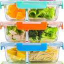 C CREST 5-Pack,3 Compartment Glass Meal Prep Containers Set,34oz, Divided Glass Food Storage Containers with Lids, Glass Lunch Box with Dividers