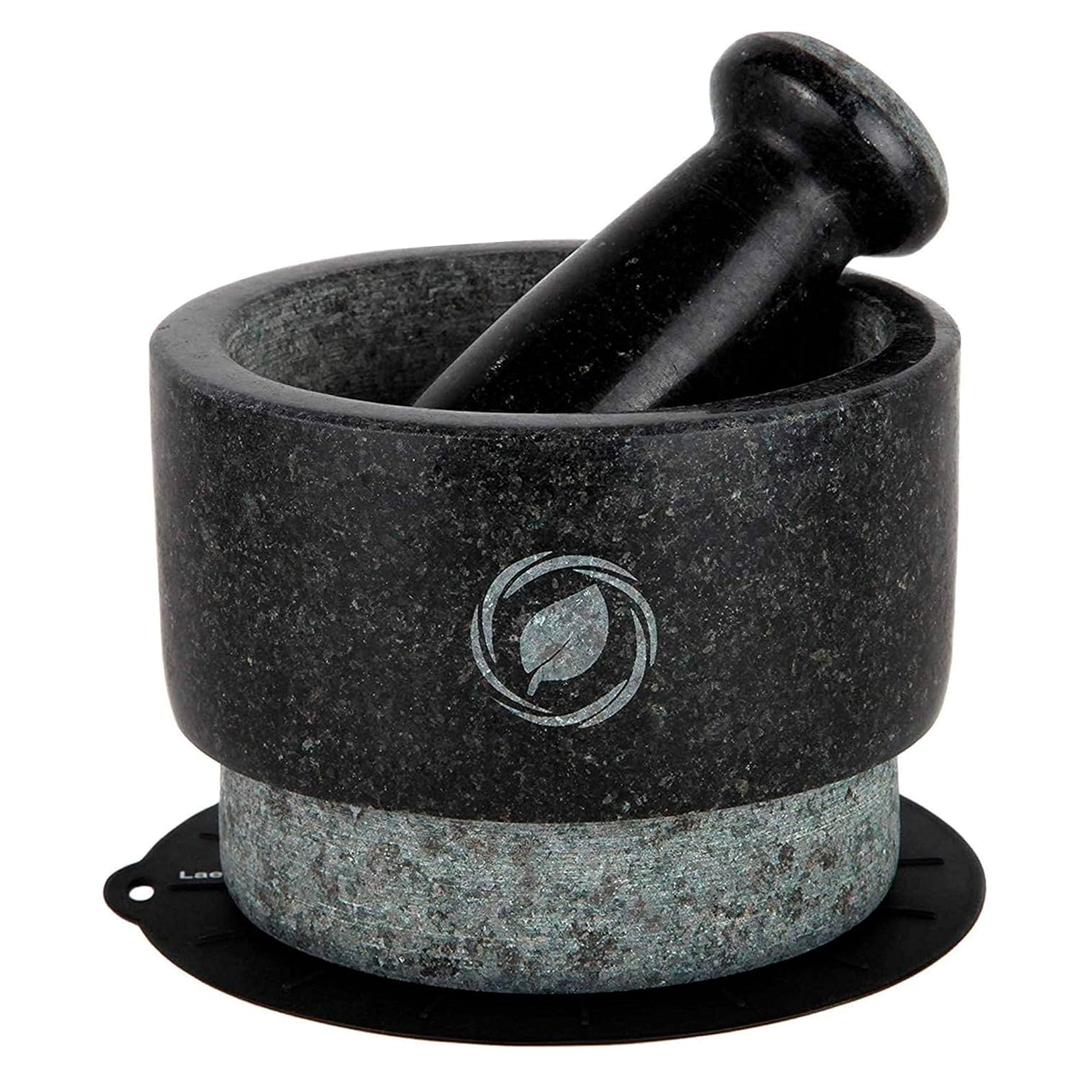 Laevo Mortar and Pestle Large Set - Black Granite Stone Spice Grinder, 2.1 Cup Capacity, 5.5 Inches - Reversible Molcajete Mexicano - Guacamole, Spices - Large Mortar and Pestles Set