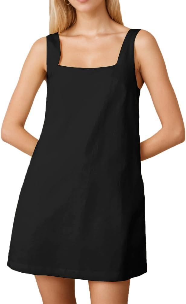Women Square Neck Cotton Linen Mini Dress Summer Casual Sleeveless Backless Beach Tank Shift Dress with Pockets
 Small, Black 