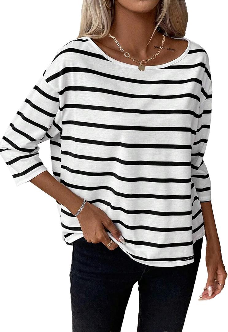 LilyCoco Women's 3/4 Length Sleeve Tops Striped Boat Neck Shirt Frenchy Cotton Tees White X-Small
