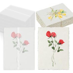 Deckled Edge Paper 5x7, 50 Sheets Handmade Watercolor Paper with Vellum Jackets for 5x7 Invitations, 300 GSM Natural Textured Paper, Rough Cotton Paper for Calligraphy, Painting & Craft Projects