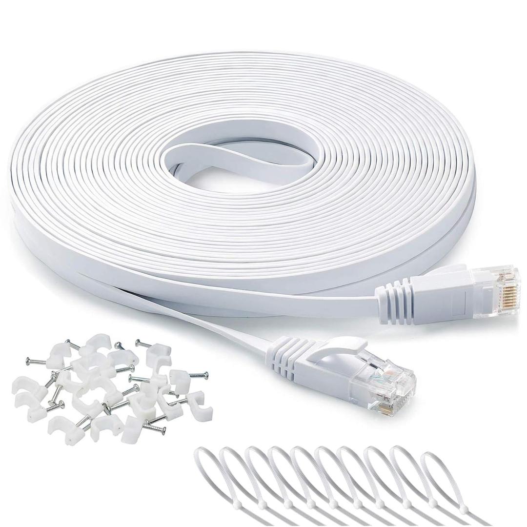 Ethernet Cable 100 ft, Cat 6 Flat Cable Slim Long Cat6 High Speed Computer Network LAN Patch Cord Wire with Clips & Rj45 Connector for Router,Faster Than Cat5e/Cat5,100 Foot White