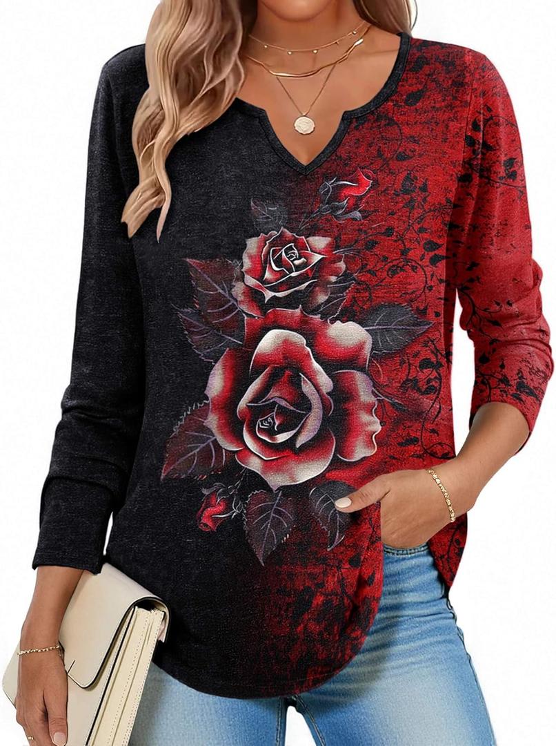 Zeagoo Long Sleeve Shirts for Women Fall V Neck Tops Casual Dressy Blouse Boho Tunic Business Work Clothes School Outfit (XXXL)