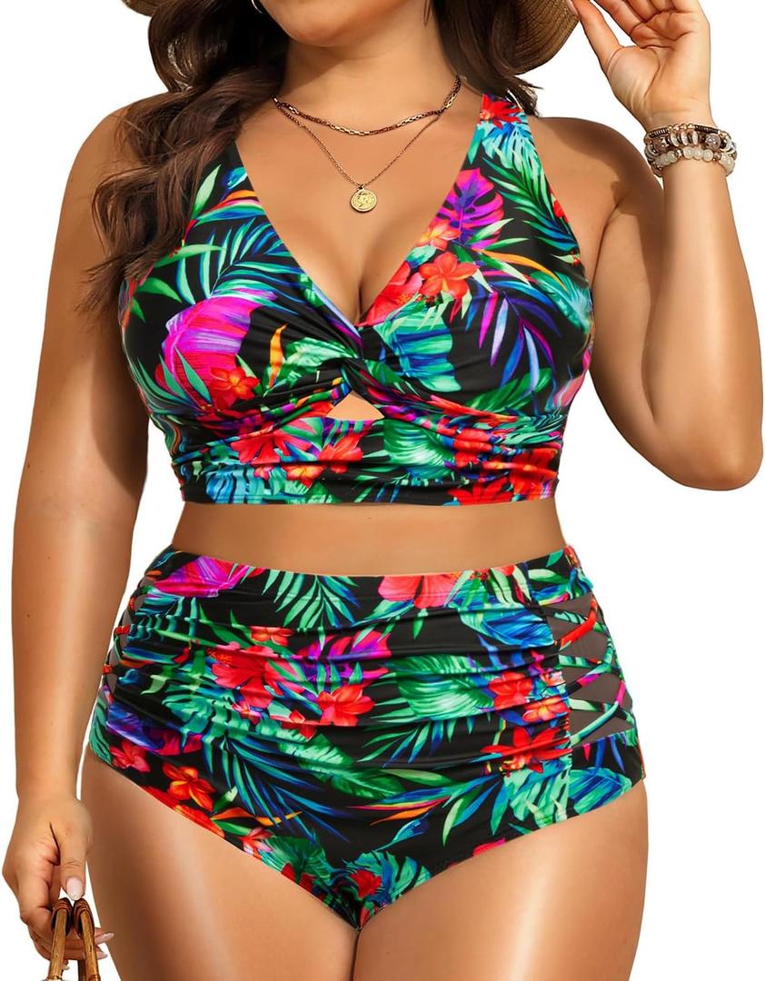Women's Plus Size Two Piece Swimsuits - High Waisted Bikini Tummy Control Bathing Suits 2025 Twist Knot Swimwear (Floral, 18 Plus)