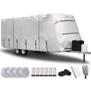 FRUNO Oxford Fabric Travel Trailer Cover RV Cover 27'-30' Waterproof Rip-Resistant Anti-UV Camper Cover for Winter Snow with Jack Cover 4 Tire Covers and Gutter Covers