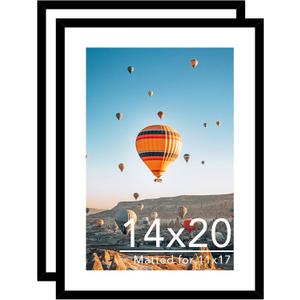 JCJMY 14x20 Picture Frame Set of 2 with 11x17 Mat, Display Photo 11x17 with Mat or 14 x 20 Without Mat, Wall Hanging Large 14 by 20 Poster Frame with Plexiglass, 2 Pack, Black