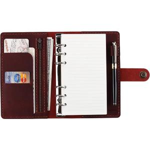 Leather Writing Journal Notebook Refillable, A6 Personal Size Traveler's Notebook with Pockets, 6 Ring Binder Planner Notebook with Pen Holder-WINE