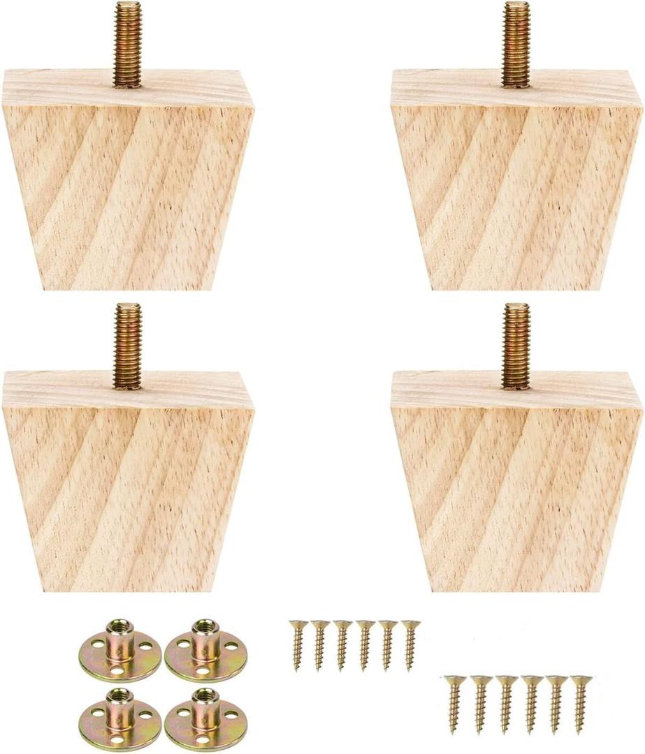 4PCS Wood Furniture Legs 2 inches Square Furniture Legs with Bolt Walnut Sofa Legs Couch Legs Replacement for Legs for Piano Bench, Chest-Turned-Coffee Table (Unfinished Wood Color)
