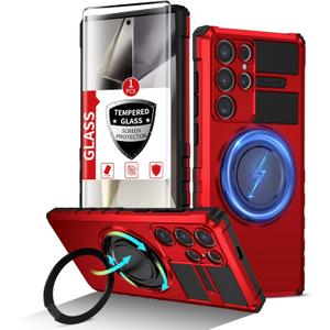 for Samsung Galaxy S24 Ultra Case Magnetic Compatible with Wireless Charging,with 1 Screen Protector,Built-in Kickstand Ring Military Grade Drop Shockproof Heavy Duty Protection Phone Red
