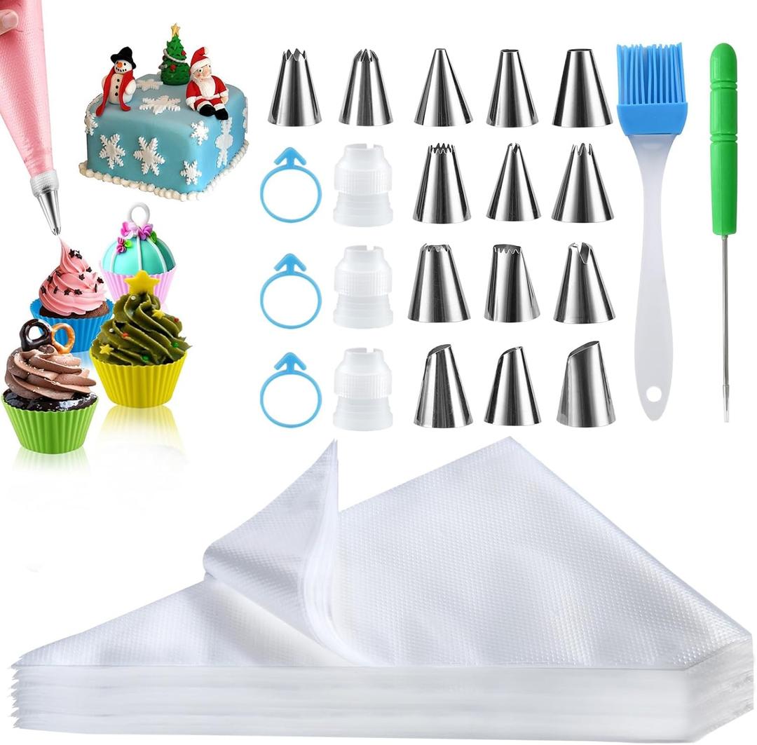 firstake Piping Bags and Tips Set - 100pcs Disposable Piping Bags, 12 Inch Icing Bags, Thickened Pastry Bags, Anti Burst Frosting Bags, Non-slip Cake Decorating Bags for Baking Cupcake and Cookies (12In pastry bags with tips)