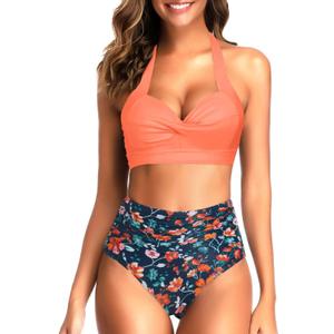 Tempt Me Women Two Piece Vintage Swimsuit Retro Halter Ruched High Waist Bikini with Bottom (Large, Orange Flowers)
