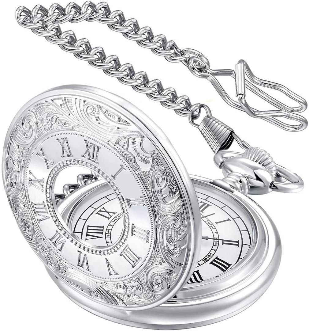LYMFHCH Vintage Pocket Watch Roman Numerals Scale Quartz Pocket Watches with Chain Christmas Graduation Birthday Gifts Fathers Day (Silver)