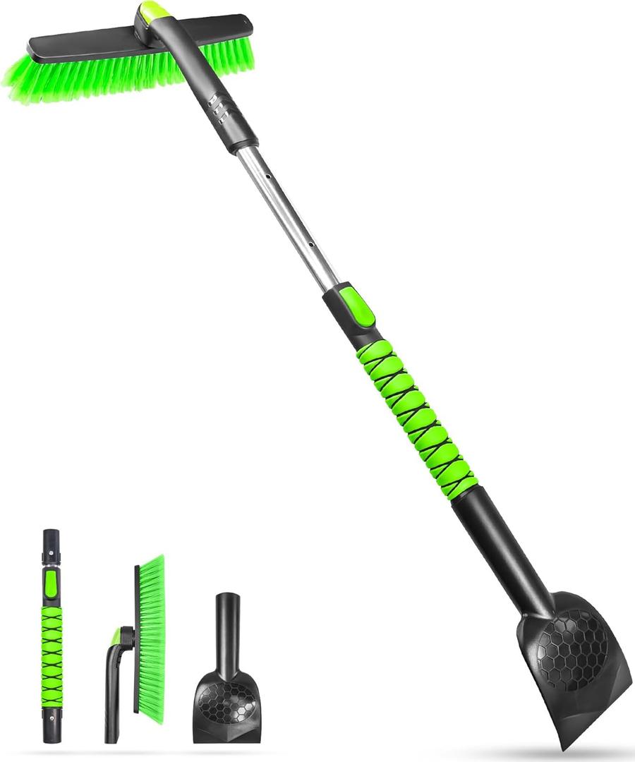 SEAAES 45 Inch Snow Brush with 5.2" Extra Wide Ice Scraper for Car, Extendable Snow Scraper with Foam Grip, 360 Pivoting Brush for SUV Truck Jeep Vehicle Windshield Window - Green