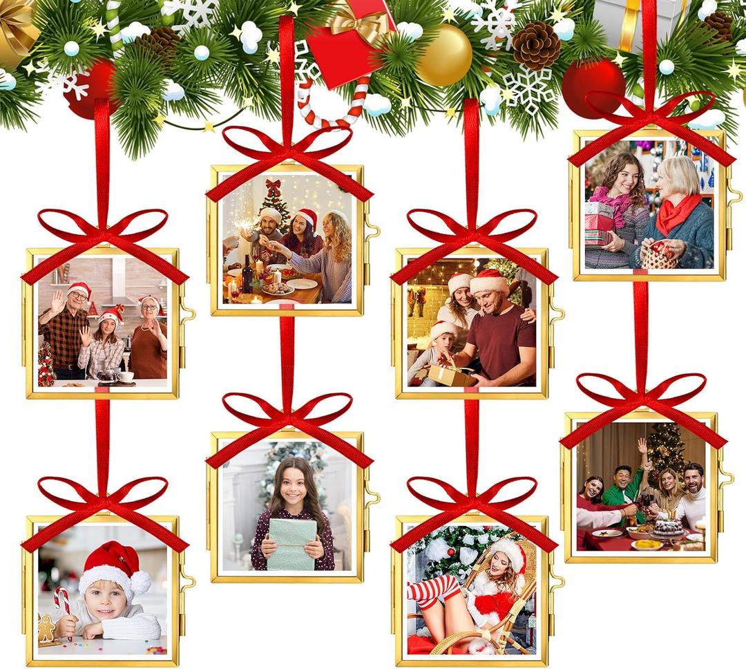 Qunclay 8 Set Christmas Vintage Brass Glass Photo Ornaments with Locket Closure Antique Gold Ornament Frames 2.68"x 2.68" Square Glass Hanging Picture Frame for Christmas Home Party Decor