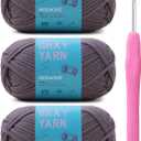 3 Pack (3 x 50g) Crochet Yarn with Crochet Hook - Worsted Medium Yarn for Crocheting - Easy-to-See Stitches Cotton-Nylon Blend Beginner Knitting Yarns for Adults and Kids (Dark Gray)