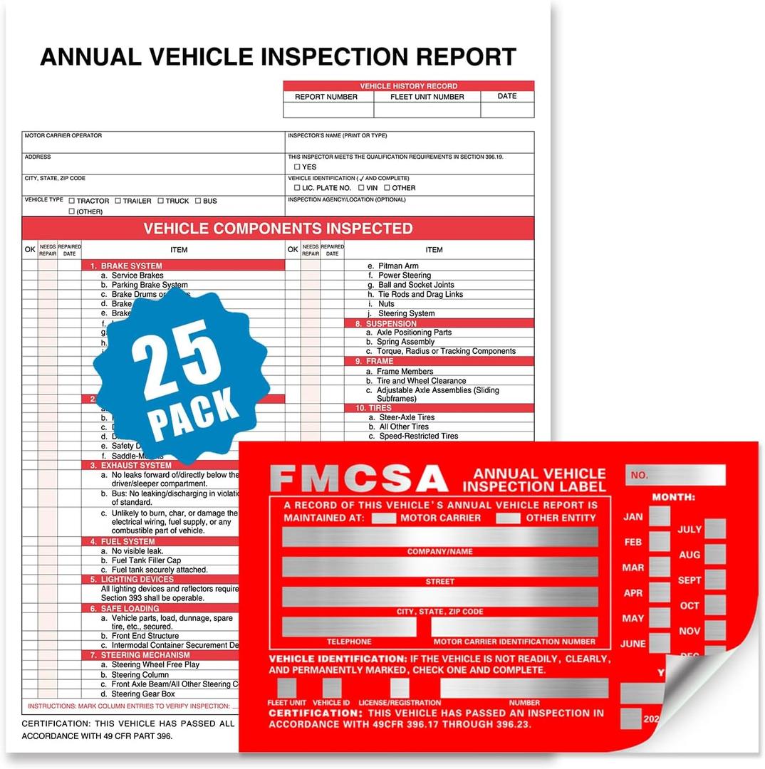 Annual Vehicle Inspection Report Form 25-pk 3-Ply Carbonless, 8.5" x 11.75" + Label Aluminum, Permanent Adhesive 6" x 3.5"