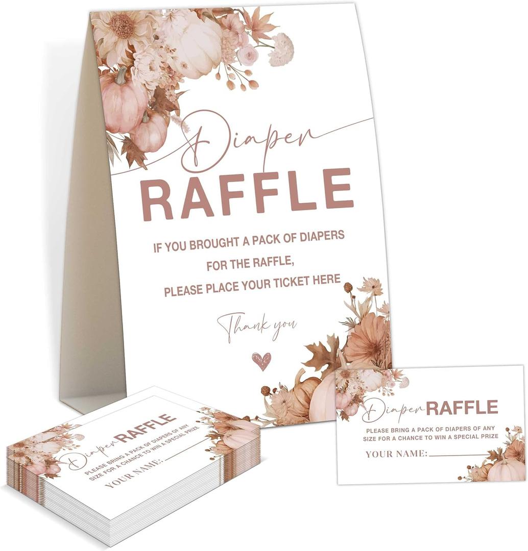 Baby Shower Games - Little Pumpkin Diaper Raffle, 1 Sign and 50 Diaper Raffle Tickets, Gender Reveal Game, Fall Baby Shower Decoration Supplies (RNB04)