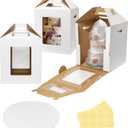 3 Pack Tall Cake Boxes 14x14x16 Inches with Cake Board - Large Disposable Layer Baking Carrier Tier Bakery Take Out Transport Containers With Window for Wedding, Birthday, Party White