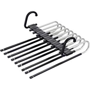 2Pack 9 Layers Foldable Pants Hangers Space Saving Trouser Hanger Multifunctional Trouser Rack Hanger Hanging Hole for Wardrobe Trousers Scarf Jeans (Black)