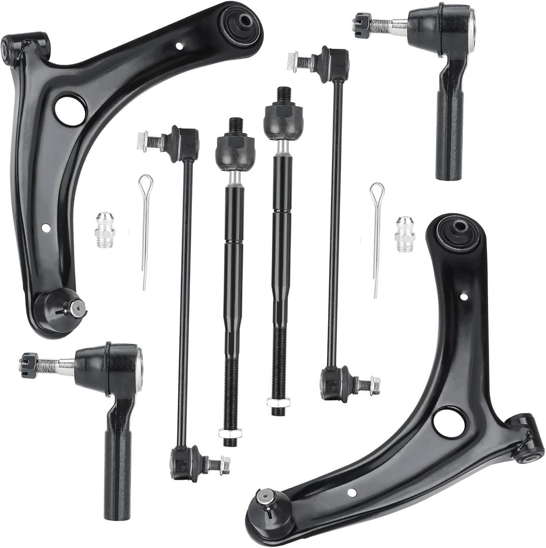 8 pcs Front Lower Control Arm with Ball Joint Assembly+Sway Stabilizer Bar End Link+Outer Inner Tie Rod End Suspension Kit for Dodge Caliber 2009-2012, for Jeep Compass Patriot 2007-2017