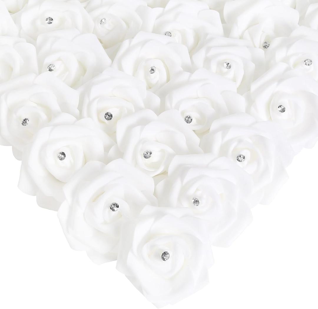 IPOPU 100PCS White Rose Artificial Flower Heads, 3in Real Looking Stemless Foam Roses Fake Flowers Bulk with Crystal for DIY Craft Wedding Bouquets Arrangements Party Home Decorations(White)